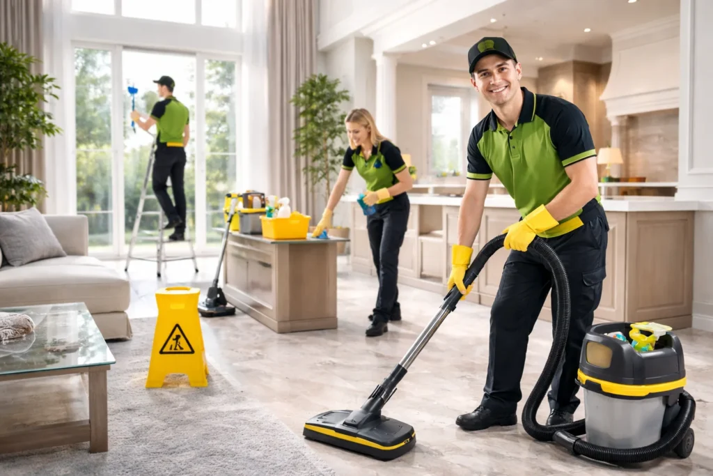 عمال شركة تنظيف فلل بالطائف يقومون بتنظيف فيلا فاخرة باستخدام معدات حديثة وخدمات تنظيف شاملة للمنازل الكبيرة