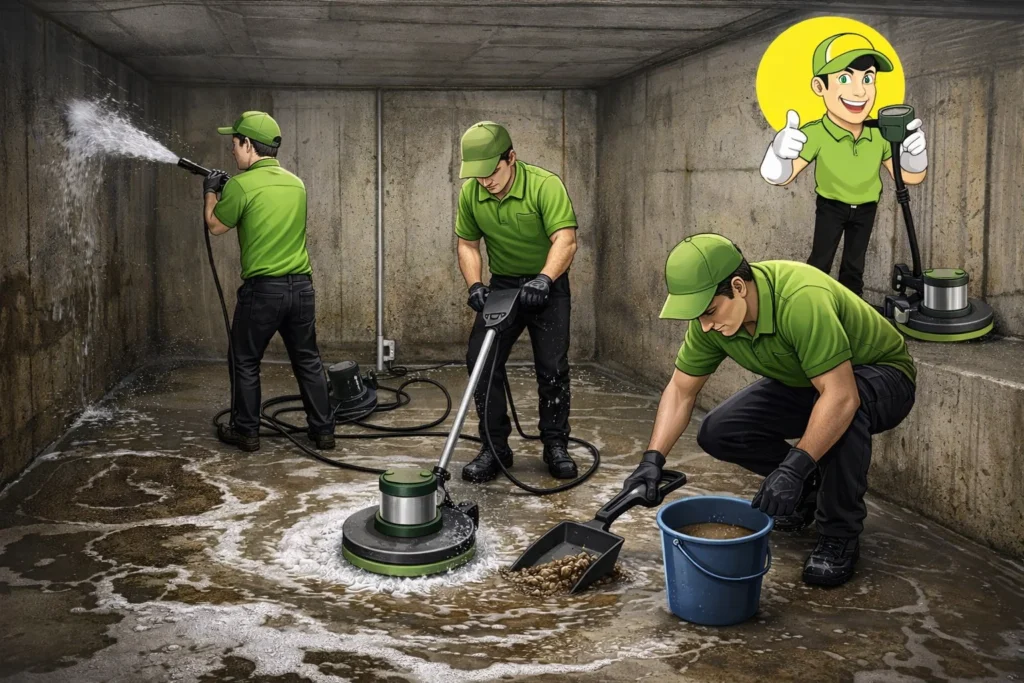 شباب يقومون بتنظيف خزان أرضي باستخدام معدات ضغط المياه وأدوات احترافية مع الحفاظ على تعقيم الخزان وإزالة الرواسب بالكامل