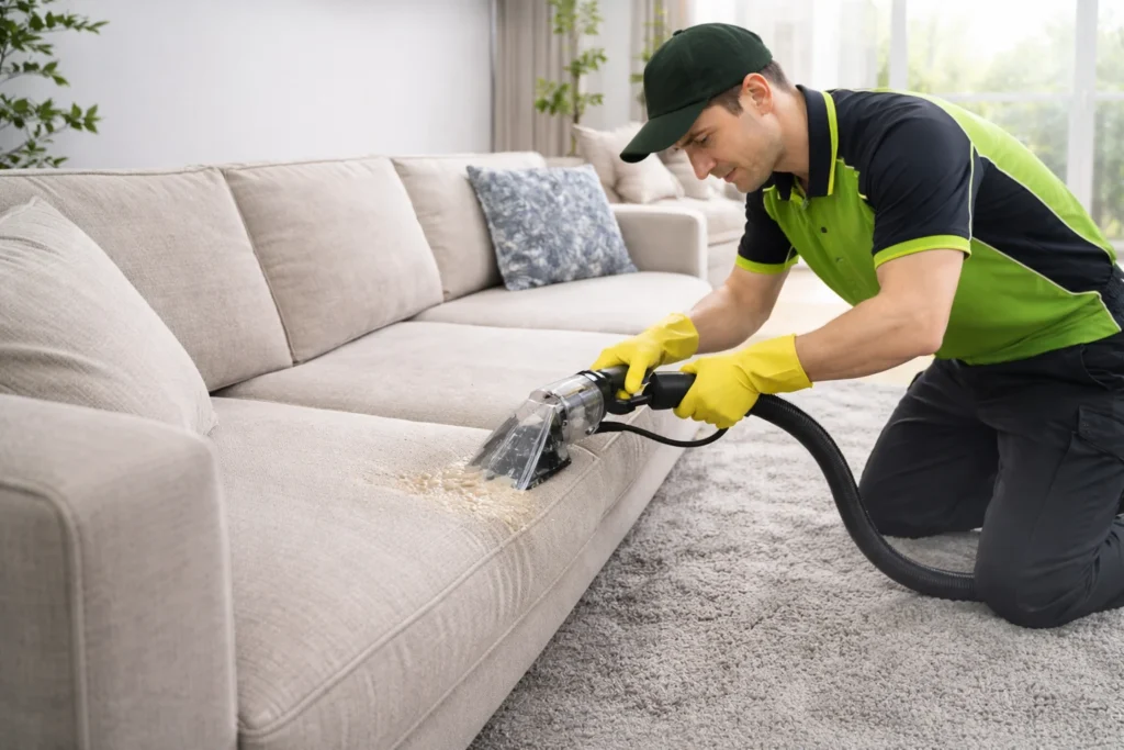 عامل متخصص يقوم بتنظيف كنب باستخدام ماكينة شفط متطورة لإزالة البقع والأوساخ بعمق داخل منزل عصري بالطائف